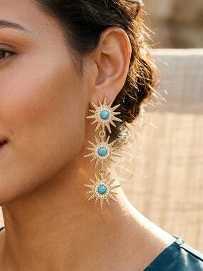 New Gold Sunburst Drop Earrings with Turquoise Accents